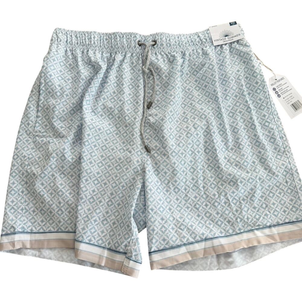 NWT Vintage Summer Swim Trunks Men’s XXL Light Blue Geometric Volley Shorts